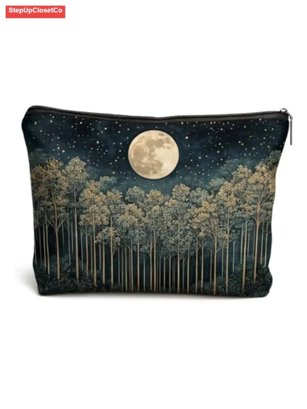 Waterproof Linen Cosmetic Bag Toiletry Pouch Cottagecore Night Forest